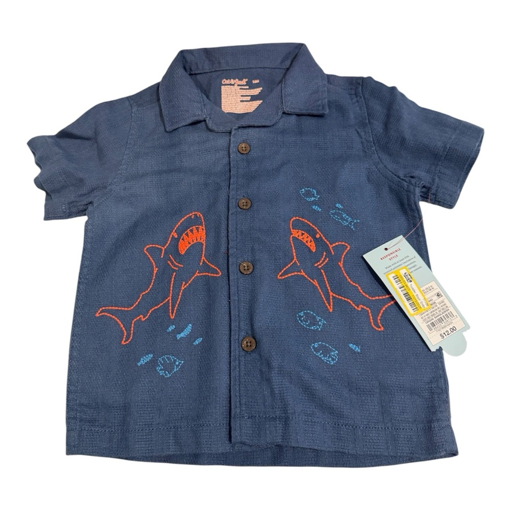 Cat & Jack Toddler Boys' Embroidered Shark Short Sleeve Button-Down Shirt